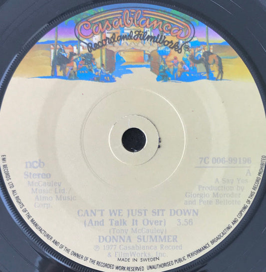 Donna Summer : Can't We Just Sit Down (And Talk It Over) / I Feel Love (7", Single, Sol)