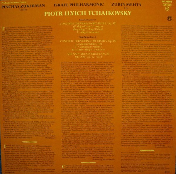 Pinchas Zukerman, Tchaikovsky*, Israel Philharmonic*, Zubin Mehta : Violin Concerto · Mélodie · Sérénade Mélancolique (LP)