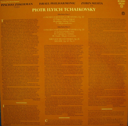 Pinchas Zukerman, Tchaikovsky*, Israel Philharmonic*, Zubin Mehta : Violin Concerto · Mélodie · Sérénade Mélancolique (LP)