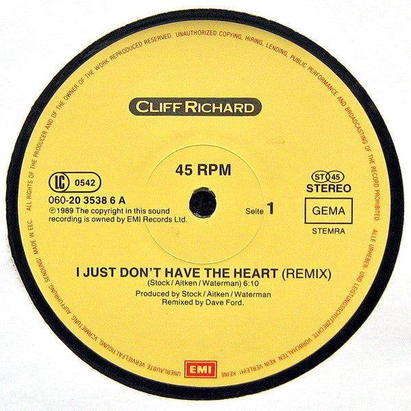 Cliff Richard : I Just Don't Have The Heart (Remix) (12", Maxi)