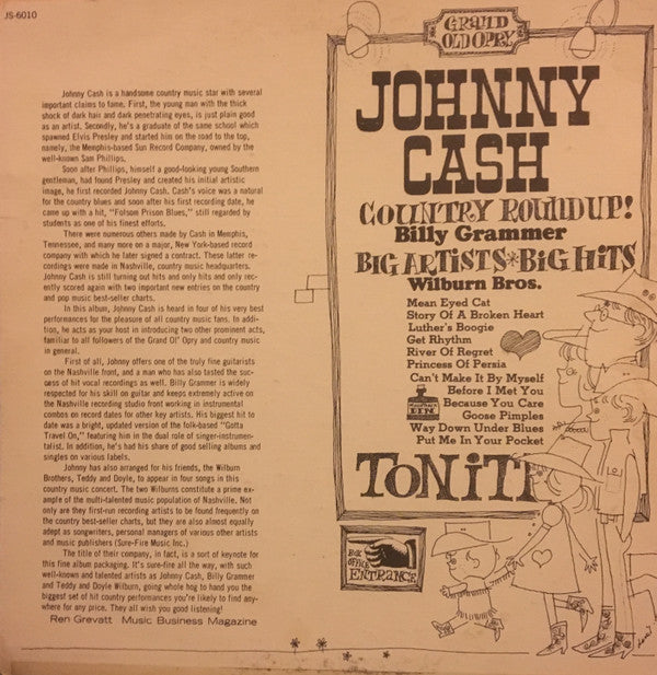 Johnny Cash : Johnny Cash’s Country Round Up With The Wilburn Bros. And Billy Grammer  (LP, Comp)