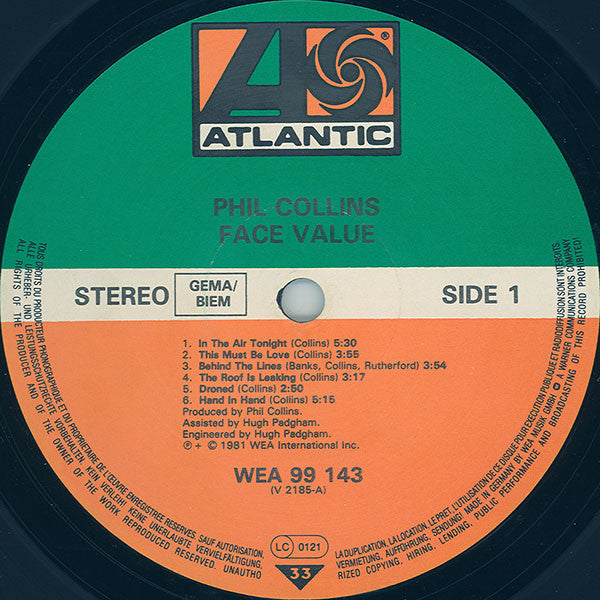 Phil Collins : Face Value (LP, Album, Gat)