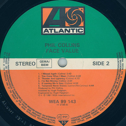 Phil Collins : Face Value (LP, Album, Gat)
