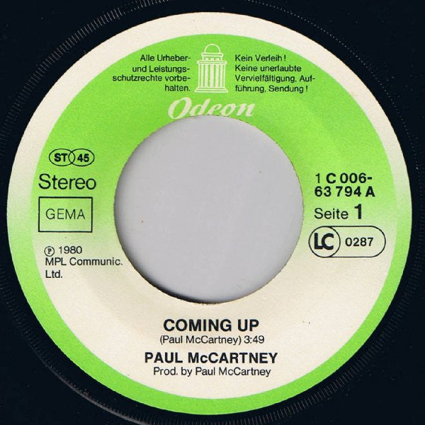 Paul McCartney : Coming Up (7", Single)