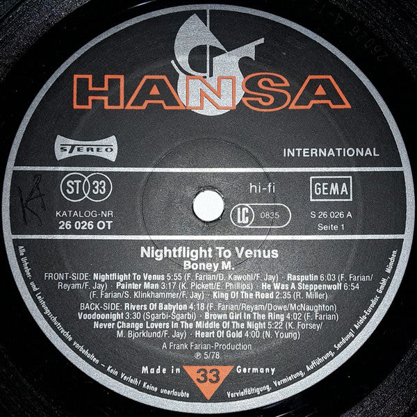 Boney M. : Nightflight To Venus (LP, Album, Fou)
