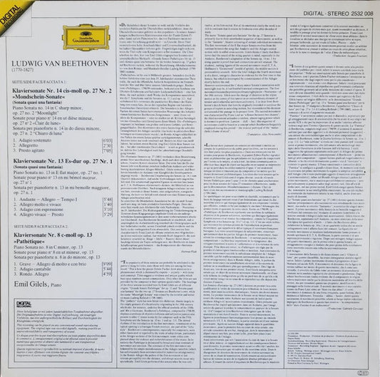 Ludwig van Beethoven – Emil Gilels : Sonaten - »Pathétique«·»Mondschein/Moonlight« (LP, Dig)