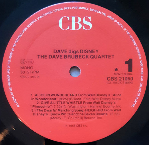 The Dave Brubeck Quartet : Dave Digs Disney (LP, Album, Mono, RE)