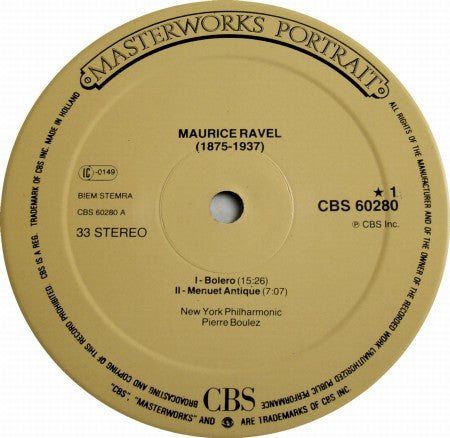 Maurice Ravel - Pierre Boulez, New York Philharmonic : Bolero, La Valse, Menuet Antique, Daphnis Et Chloé (LP, Album)