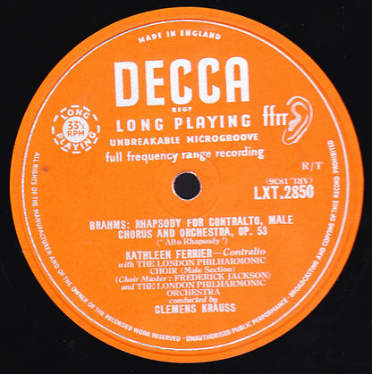 Kathleen Ferrier, Johannes Brahms : Rhapsody For Contralto, Male Chorus And Orchestra ‧ Four Songs (LP, Mono, RE)
