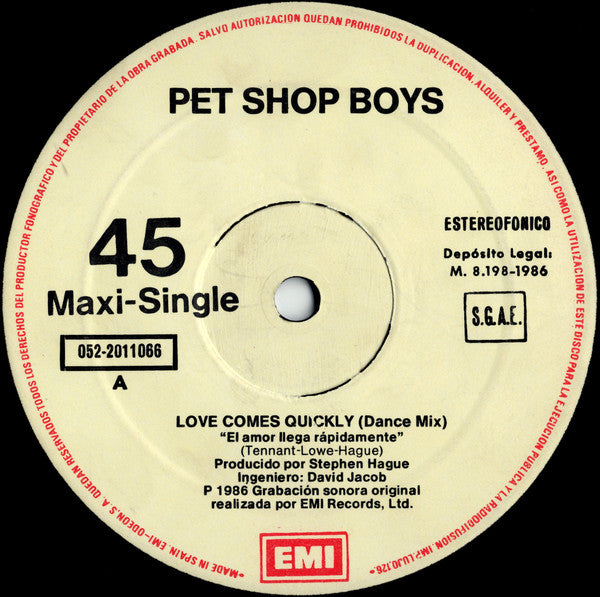 Pet Shop Boys : Love Comes Quickly (12", Maxi)
