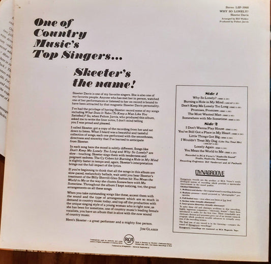 Skeeter Davis : Why So Lonely? (LP, Album)