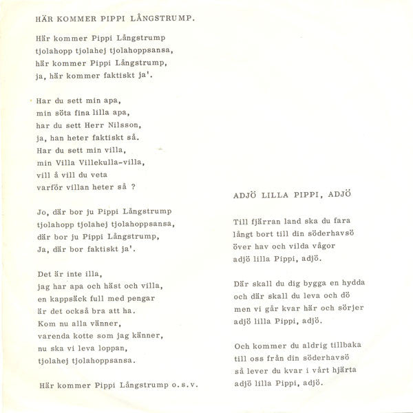 Inger Nilsson : Här Kommer Pippi Långstrump / Adjö Lilla Pippi, Adjö (7", Single, 3-p)