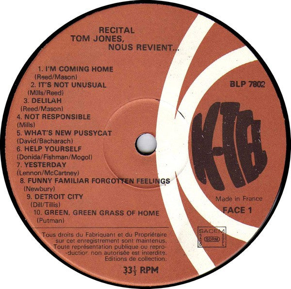 Tom Jones : Tom Jones Nous Revient - Ses 20 Plus Grands Succès... (LP, Comp)