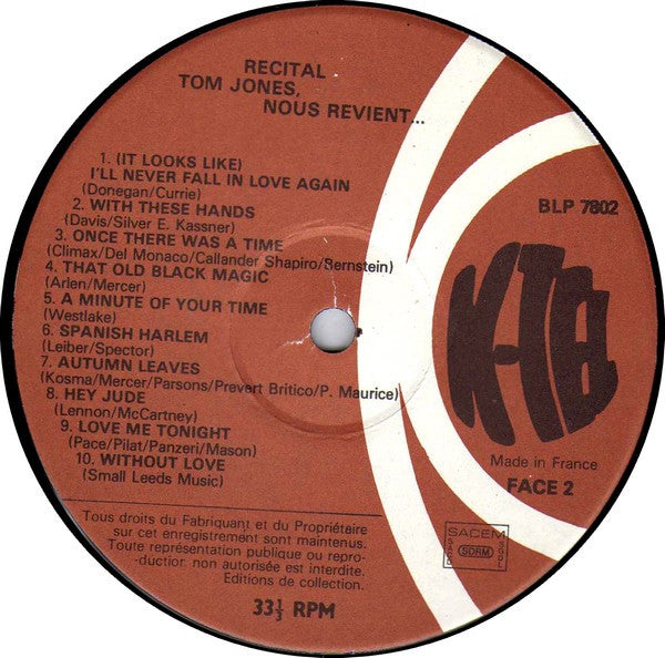 Tom Jones : Tom Jones Nous Revient - Ses 20 Plus Grands Succès... (LP, Comp)