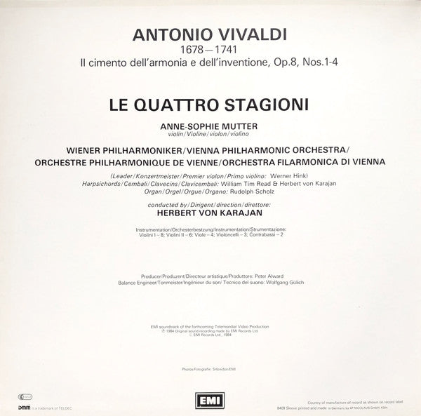 Vivaldi*, Anne-Sophie Mutter, Herbert Von Karajan, Wiener Philharmoniker : Le Quattro Stagioni = The Four Seasons = Die Vier Jahreszeiten (LP, Album, Gat)