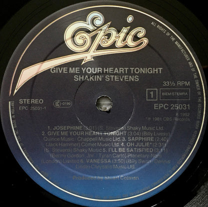 Shakin' Stevens : Give Me Your Heart Tonight (LP, Album)