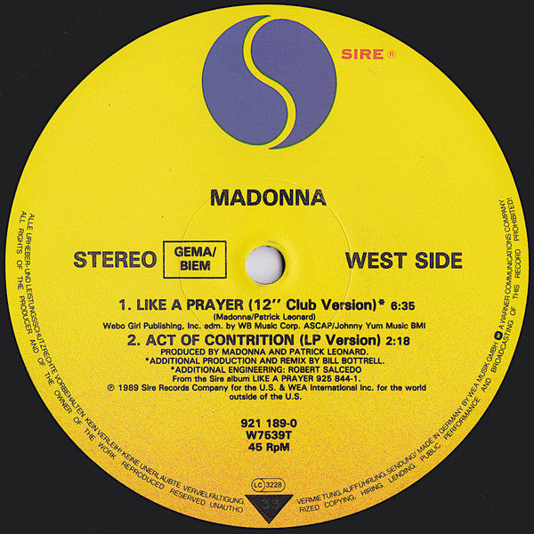 Madonna : Like A Prayer (12", Single, Glo)