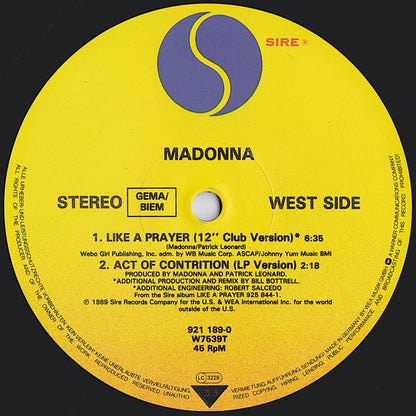 Madonna : Like A Prayer (12", Single, Glo)