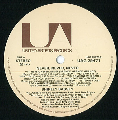 Shirley Bassey : Never, Never, Never (LP, Album, Gat)