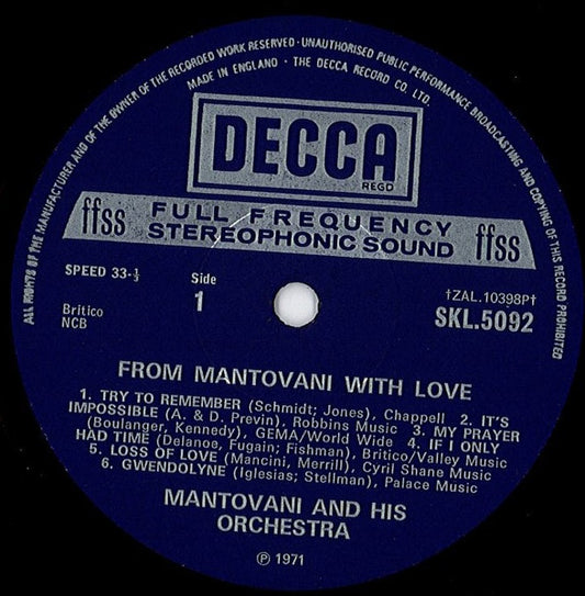 Mantovani And His Orchestra : From Mantovani With Love (LP, Album)