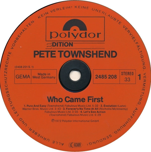 Pete Townshend : Who Came First (LP, Album, RE)