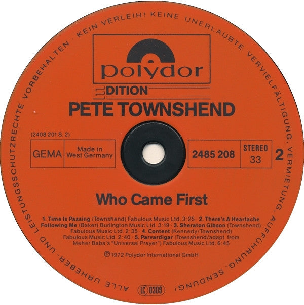 Pete Townshend : Who Came First (LP, Album, RE)