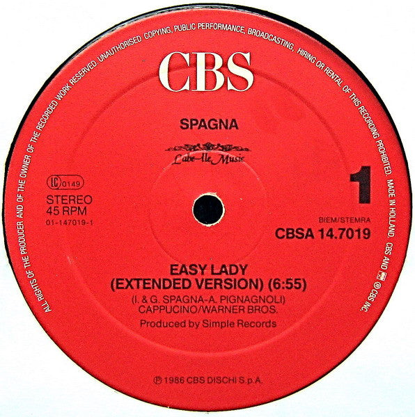 Ivana Spagna : Easy Lady (Extended Version) (12", Maxi)