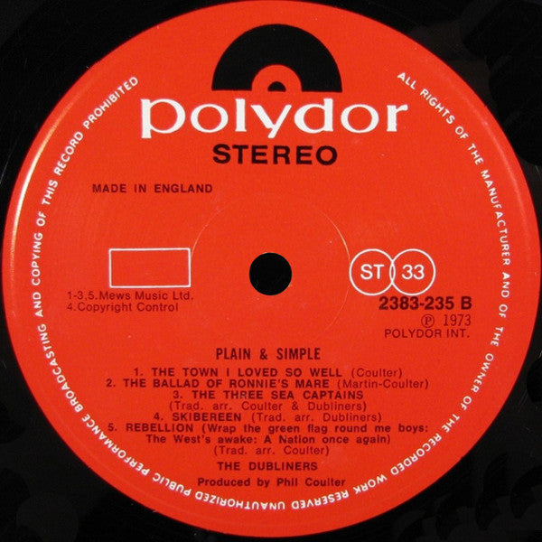 The Dubliners : Plain And Simple (LP, Album)
