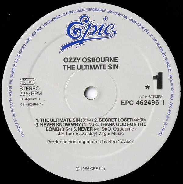 Ozzy Osbourne : The Ultimate Sin (LP, Album, RE)
