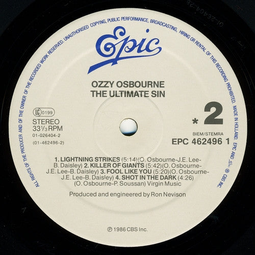 Ozzy Osbourne : The Ultimate Sin (LP, Album, RE)