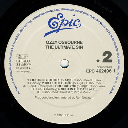 Ozzy Osbourne : The Ultimate Sin (LP, Album, RE)