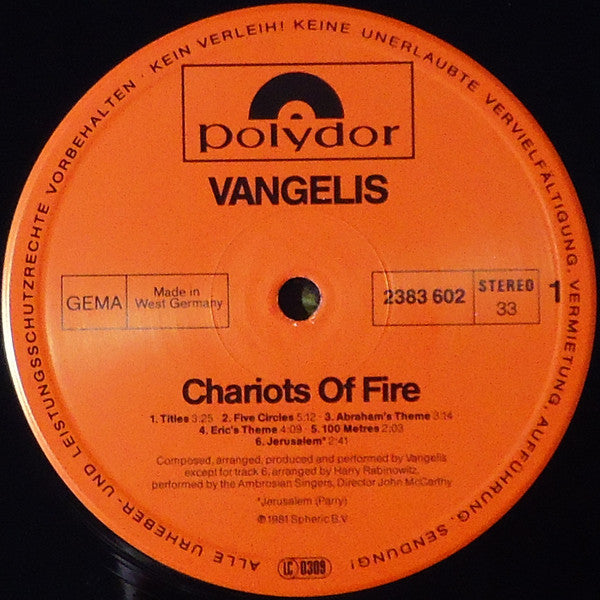 Vangelis : Chariots Of Fire (LP, Album, RP)