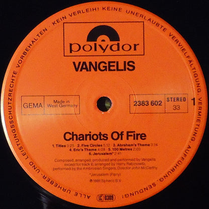 Vangelis : Chariots Of Fire (LP, Album, RP)