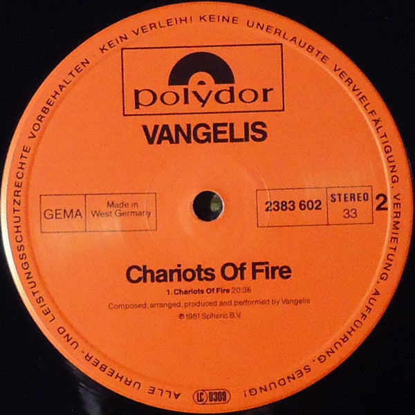 Vangelis : Chariots Of Fire (LP, Album, RP)