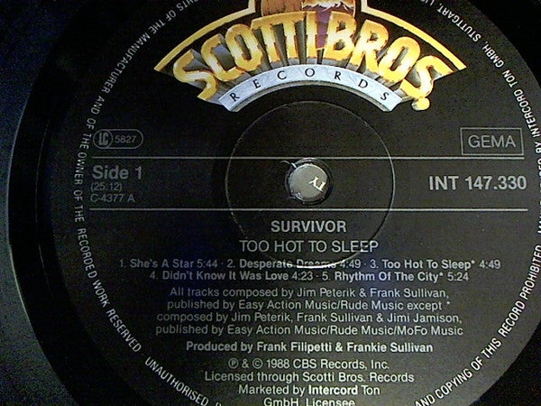Survivor : Too Hot To Sleep (LP, Album)