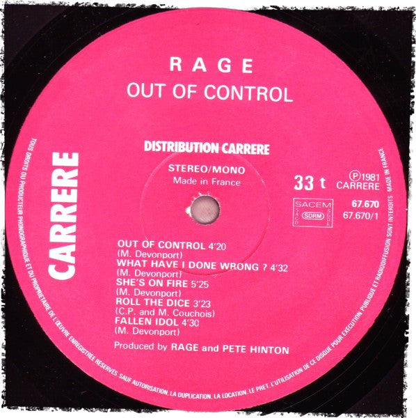Rage (9) : Out Of Control (LP, Album)