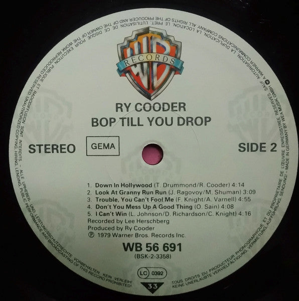 Ry Cooder : Bop Till You Drop (LP, Album, RE)