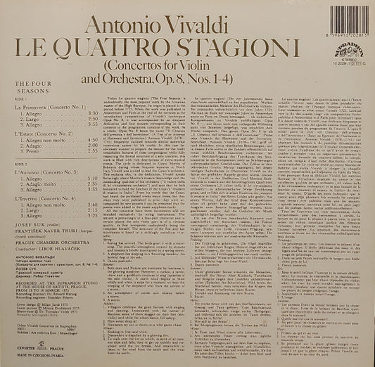 Antonio Vivaldi, Prague Chamber Orchestra, Josef Suk, Libor Hlaváček : The Four Seasons (Concertos For Violin And Orchestra, Op. 8, Nos. 1-4) (LP, Quad, RP)
