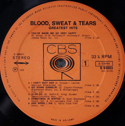 Blood, Sweat & Tears* : Blood, Sweat & Tears Greatest Hits (LP, Comp)