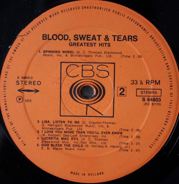 Blood, Sweat & Tears* : Blood, Sweat & Tears Greatest Hits (LP, Comp)