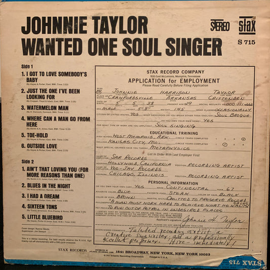 Johnnie Taylor : Wanted One Soul Singer (LP, Album)