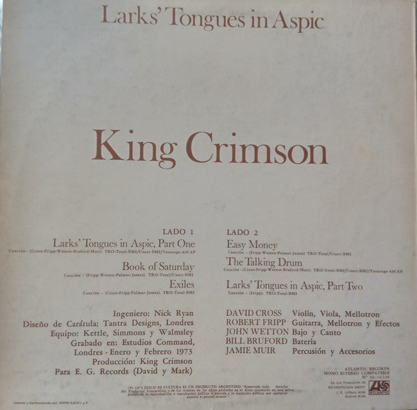 King Crimson : Larks' Tongues In Aspic (LP, Album, Mon)