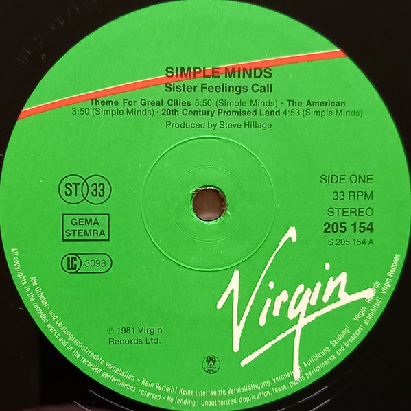 Simple Minds : Sister Feelings Call (LP, Album, Bas)