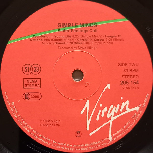 Simple Minds : Sister Feelings Call (LP, Album, Bas)