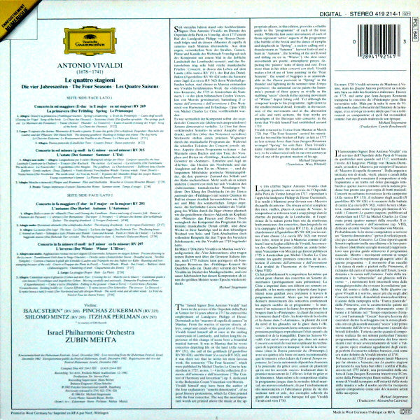 Antonio Vivaldi, Israel Philharmonic Orchestra : Le Quattro Stagioni (LP)