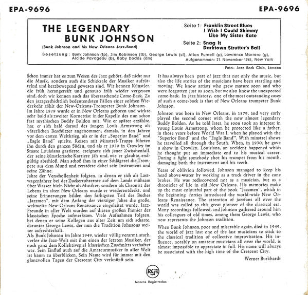 Bunk Johnson And His New Orleans Jazz-Band* : The Legendary Bunk Johnson (7", EP)