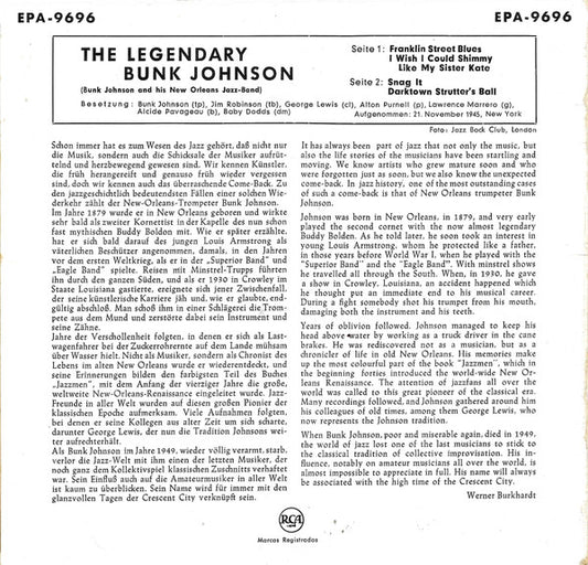 Bunk Johnson And His New Orleans Jazz-Band* : The Legendary Bunk Johnson (7", EP)