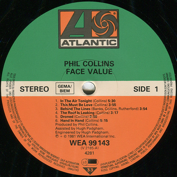 Phil Collins : Face Value (LP, Album, Gat)