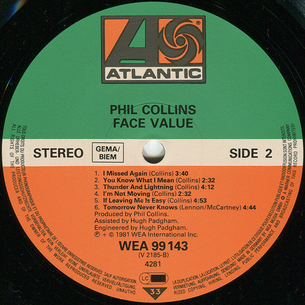 Phil Collins : Face Value (LP, Album, Gat)