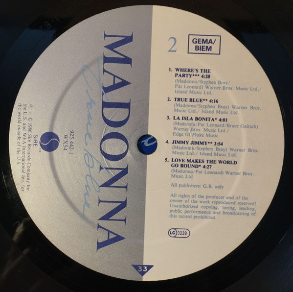 Madonna : True Blue (LP, Album, Tel)